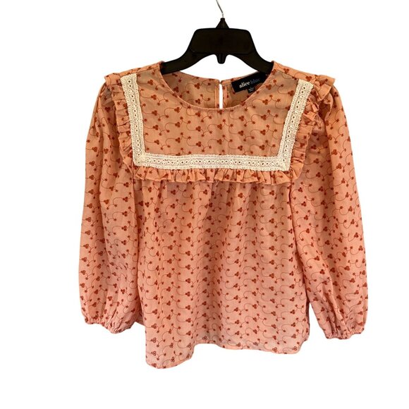 Alice Blue Boho Floral Eyelet Blouse Lace Trim Long Sleeve Peach Top Size S - Picture 2 of 8